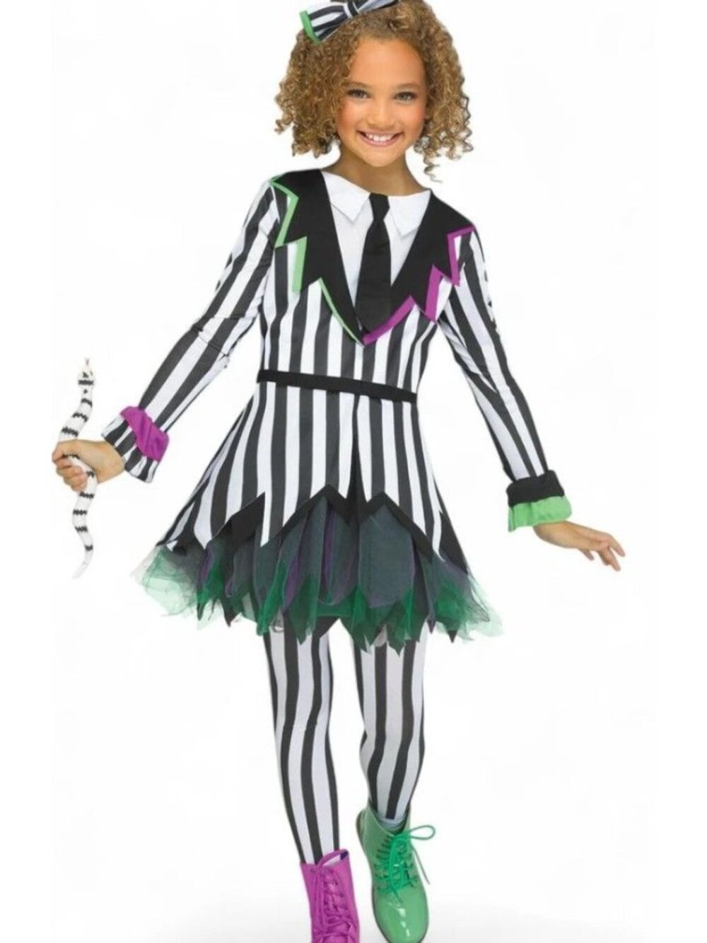 Giddy Ghostie Costume Girls XL 14 16 4 Piece Striped Dress Tights Fun World NWT